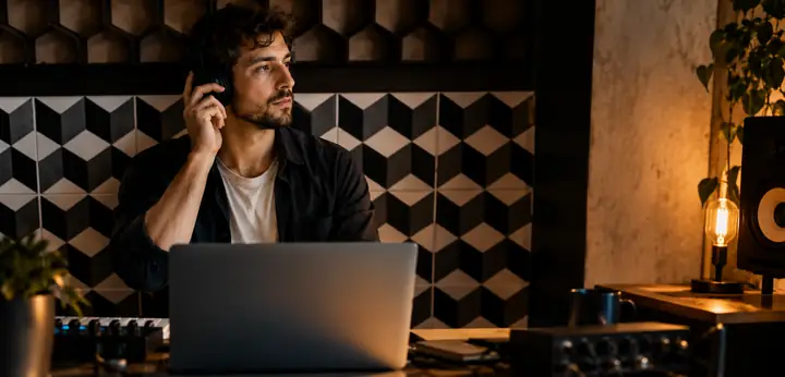 Eine Person mit Kopfhörern arbeitet in einem warm beleuchteten Studio an einem Laptop neben geometrischen Akustikpaneelen.