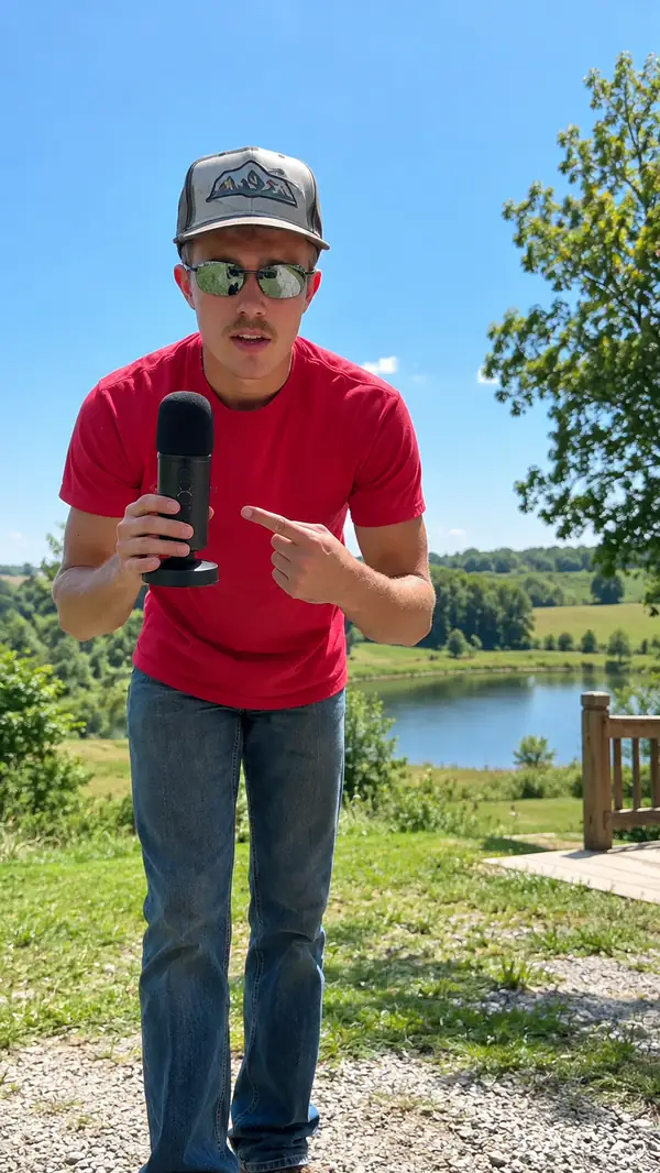 Eine Person in einem roten Hemd präsentiert im Freien unter blauem Himmel ein Wetterupdate.