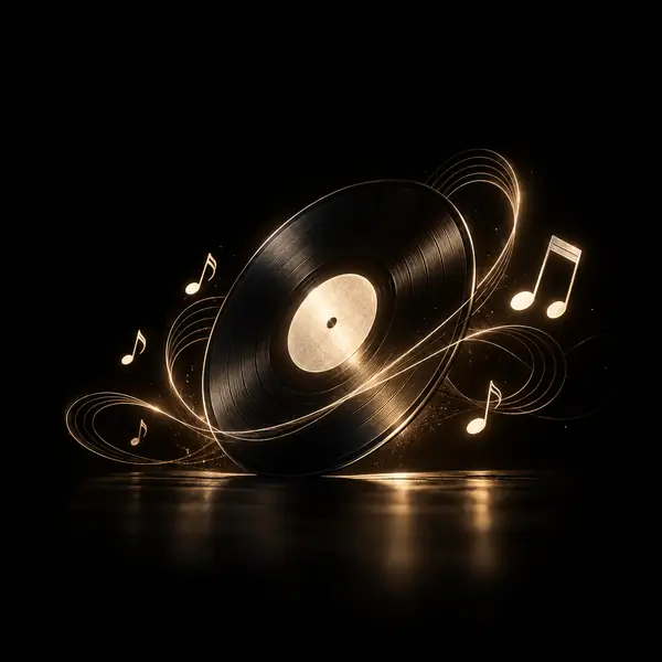 Ilustración sencilla de líneas negras de un disco de música y notas musicales.