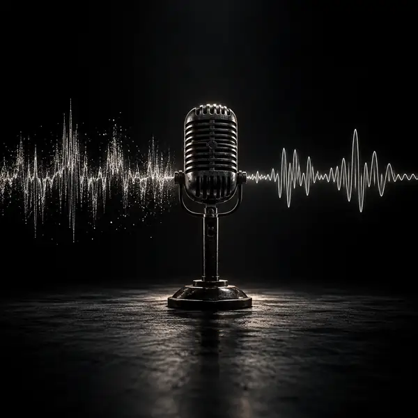 Ilustración sencilla de líneas negras de un micrófono antiguo y una señal de audio irregular.